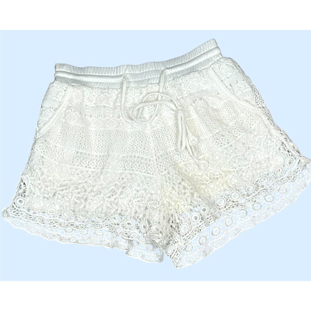 Crochet White Shortie Shorts Small Drawstring Lined Pockets Boho Coastal Cowgirl